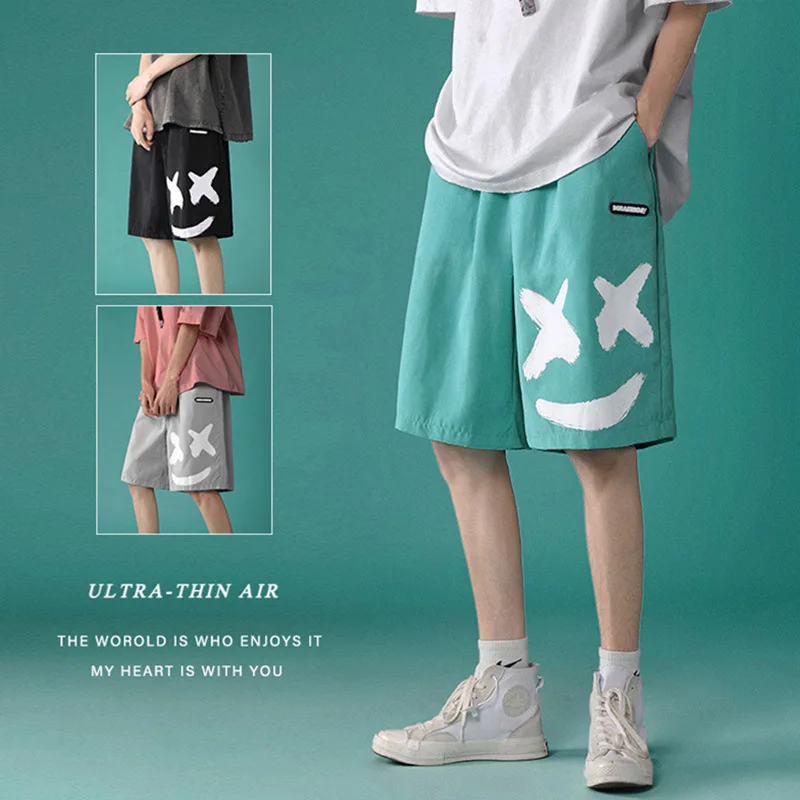 

Shorts Men Summer Port Style New Thin Straight Leg Loose Outside Wearing Smiley Printed Sweatpants