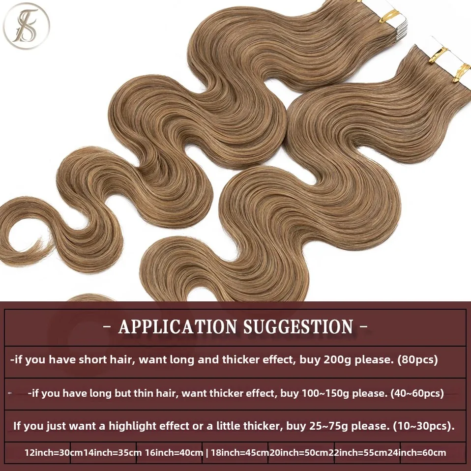 TESS 20pcs Wavy Tape In Human Hair Extensions 2.5g/pc Natural Hair Extension Double Sides Seamless Invisible Adhesive Skin Weft