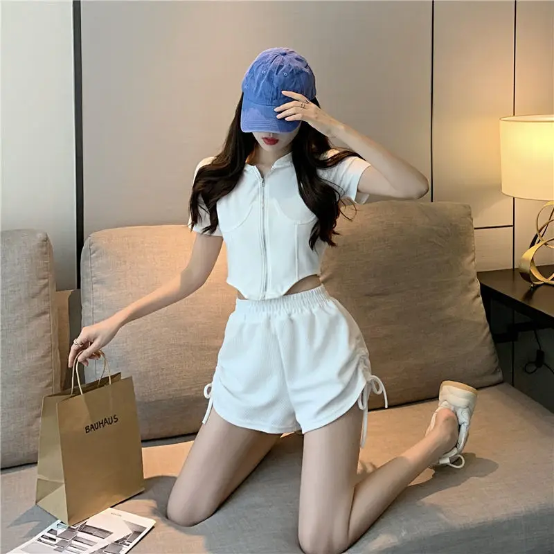 Short Sets Women Solid Lace-up Sporty Creativity Korean