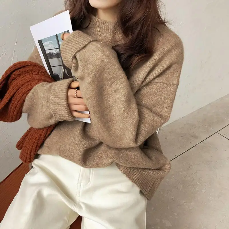 

2022 Autumn Sweater Slouchy Solid Pullover Sweater Loose Crew Neck Thick Heather Top Fashion Women Sweater