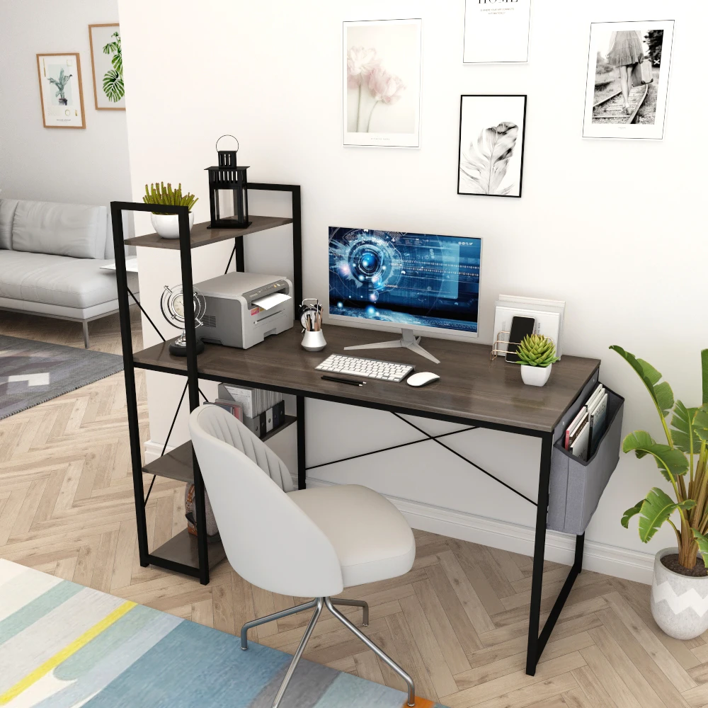 47Inch Industrial Style Home Office Computer Desk W/Bookshelf&Fabric Storage Bag Modern Simple Writing Desk Workstation[US-W]