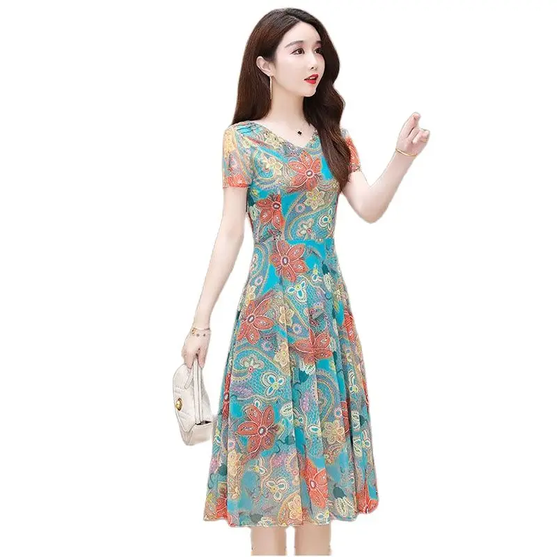 

New Women's Dresses In Summer, Fashionable And Slim Waist Temperament, Long Ladies Large Size Casual Chiffon Printed Skirt Women