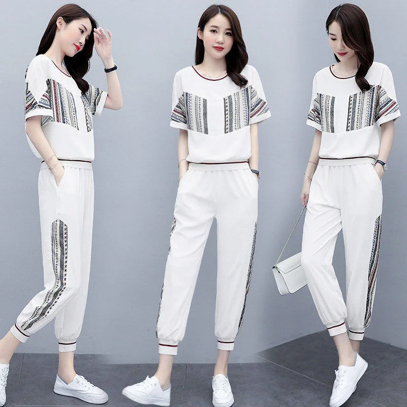 Sweat Suits For Women Two Set 2022 Spring And Summer New Fashion Casual Korean Clothes Short Sleeve Top Pants Women's Tracksuit