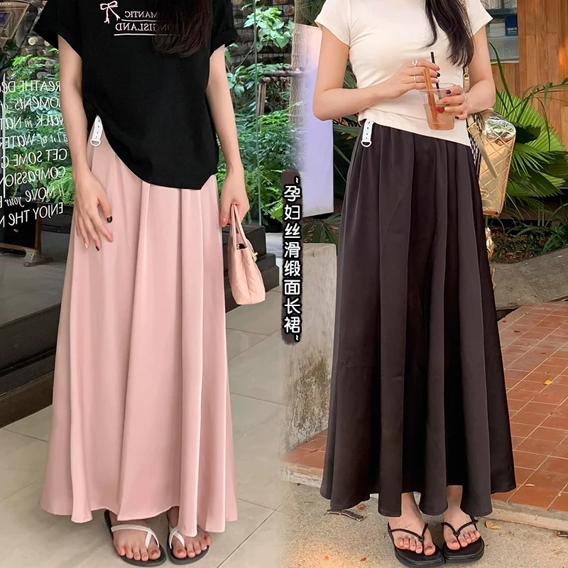 Summer Long Loose Maternity Umbrella Skirt Soft and Comfortable Elegant Pregnant Woman Satin Skirts Pregnancy Clothes