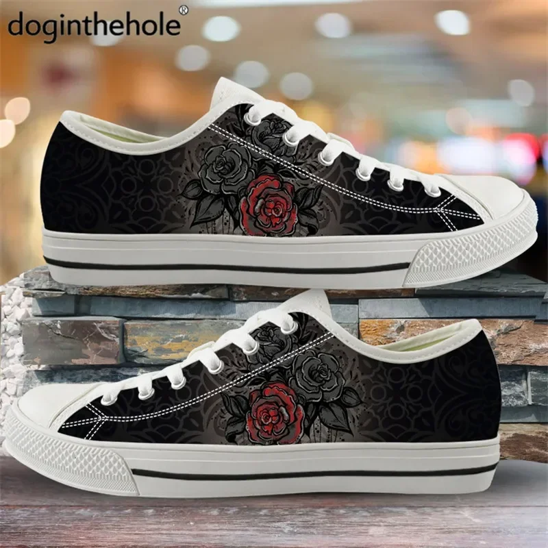 Hot Sale Gothic Rose Pattern Vulcanized Sport Shoes For Women Men Canvas Low Top Flat Shoes Casual Breath Sneakers For Teenagers