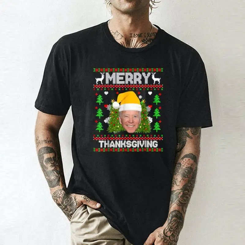 

Забавная летняя футболка унисекс в стиле Джо биден с шапкой Санты на День Благодарения на Рождество хлопковая модная одежда для пары