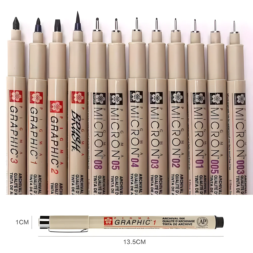12 Pcs Pigment Liner Pigma Micron Ink Marker Pen 0.05 0.1 0.2 0.3 0.4 0.5 0.7 0.8 Different Tip Black Fineliner Sketching Pen