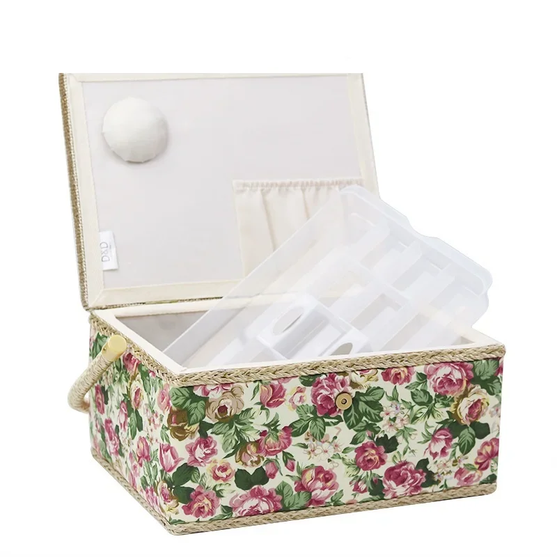 Pssopp Nähkorb Mit Pastoral Rose Design – Nähzubehör-Organizer, Mit Nadelkissen & Schale