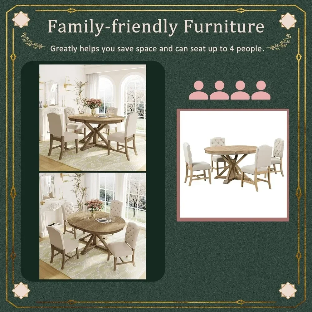5 Piece Dining Table Set, Solid Wood Kitchen with Extendable Round Table and 4 Upholstered Chairs for Kitchen, Dining Room