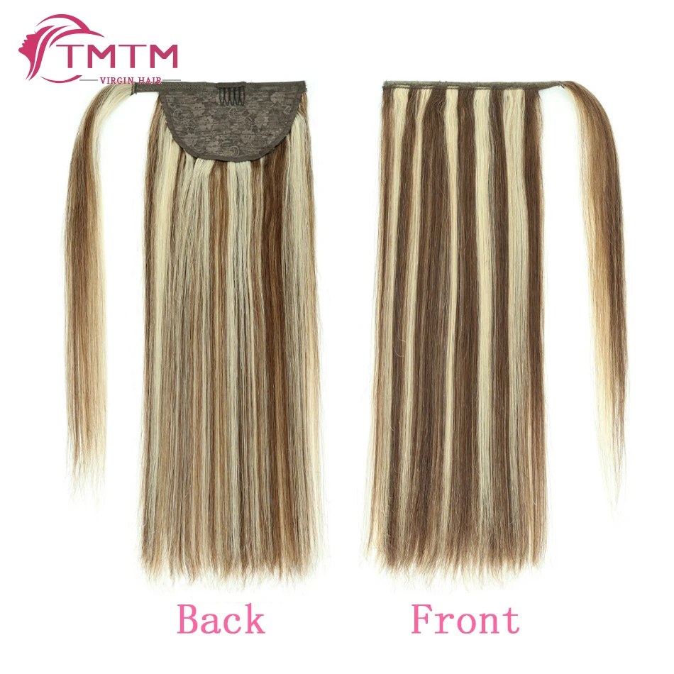 6/613# Ponytail Human Hair Extensions Wrap Around Ponytail Chestnut Brown Highlight Golden Blonde Clip in Ponytail Extensions