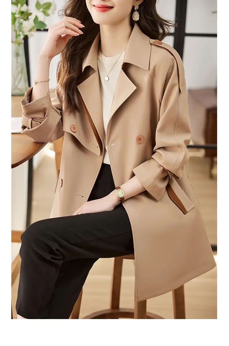 Solid Mid length Trench for Women Fall Winter 2023 New Vintage Turn Down Collar Long Sleeve Jacket Loose Double Breasted Coat