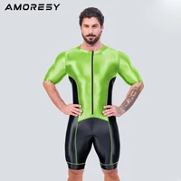 AMORESY Men Satin Glossy Oil Catsuit Swimming Running Half Sleeve Bodysuits Racing Cycling Tracksuits Overalls Fitness Jumpsuits 2