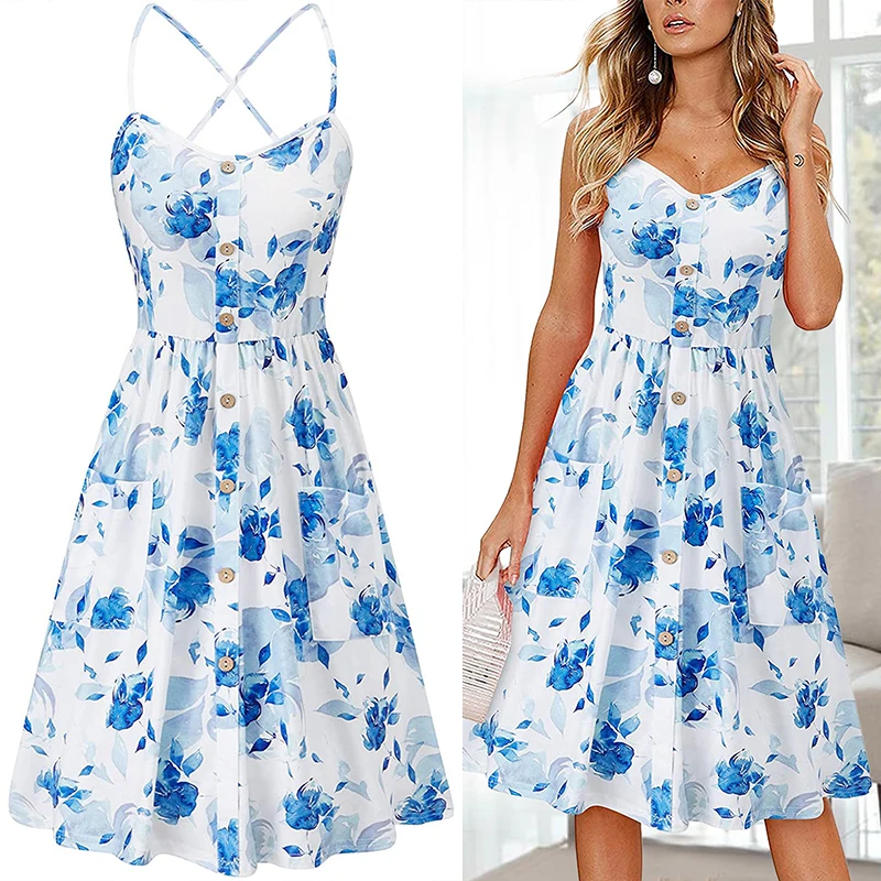 

Summer Print Dress Women Fashion Sleeveless V-neck Sling Strap Dresses Female A-line Skirt High Waist Casual Beach Dress