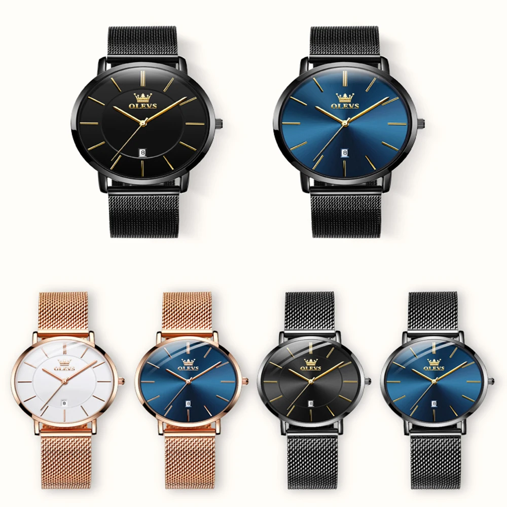 OLEVS Quartz Couple Watches Luxury Milanese Steel Strap Waterproof Calendar Dial Ultra Thin Fashion Business Wristwatch Gift Set