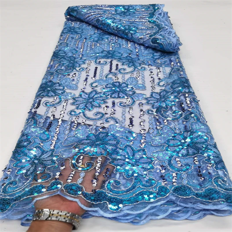 

French Sequins Tulle Lace Sky Blue 2022 Hot Sale Nigerian Guipure Mesh 5 Yards African Lace Fabric For Sewing Wedding qx23-31