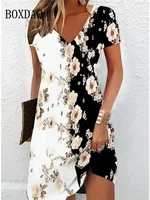 Robe mi-longue à imprimé floral de style ethnique rétro pour femmes, grande taille, pull décontracté à manches courtes, col en V, robe d'été, 2025 4