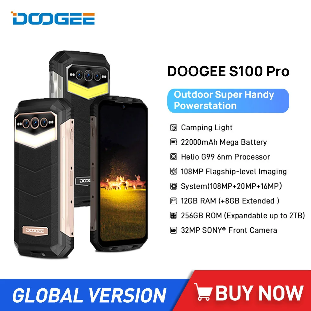 Doogee S100 Pro Rugged 4G SmartPhones Octa Core 12GB+256GB 6.58Inch FHD 108MP 22000mAh Camping Light Mobile Phone Global Version