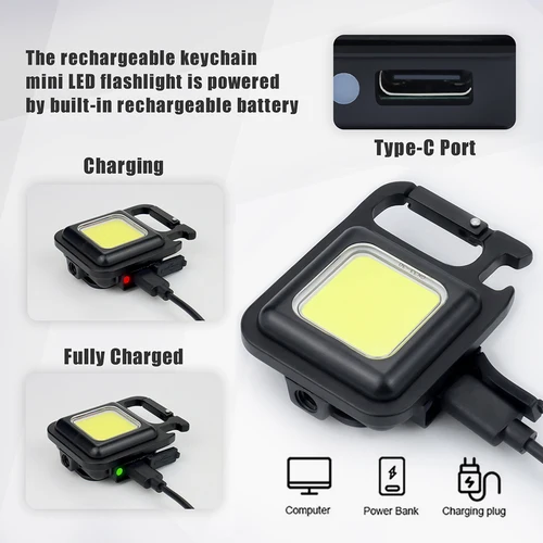 500mAh 미니 LED 손전등, 다기능 작업 조명, 휴대용 포켓 손전등, 열쇠 고리, USB 충전식 캠핑 플래시 라이트 2