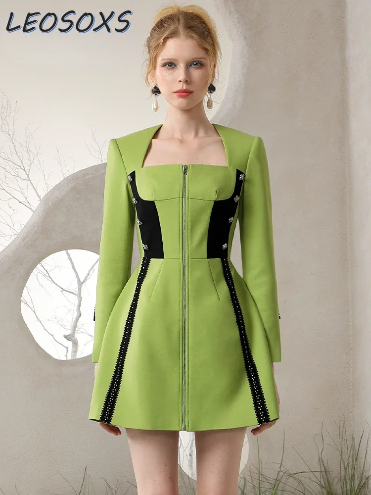 

Autumn and Winter 2023 New Women's Special-Interest Design Contrasting-Color Dress Front Zipper Waist Slimming Green Mini Dress