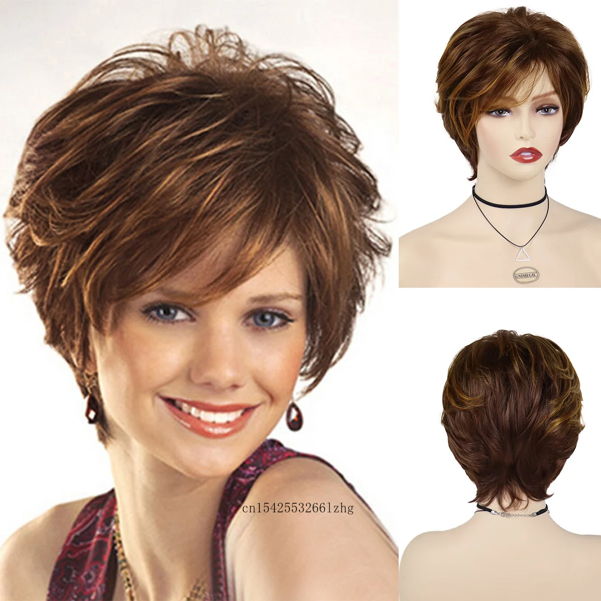 

GNIMEGIL Synthetic Wigs for Women Natural Short Pixie Cut Wig with Bangs Brown Mix Blonde Highlight Wigs Daily Ladies Fake Hair