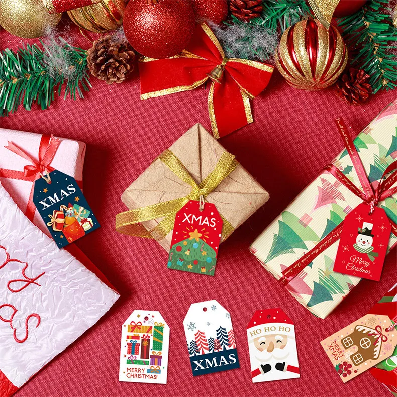48PCS Merry Christmas Paper Tags 2024 Xmas Tree Hanging Label Navidad 2025 New Year Home Xmas Party Gifts Cards Set Decorations