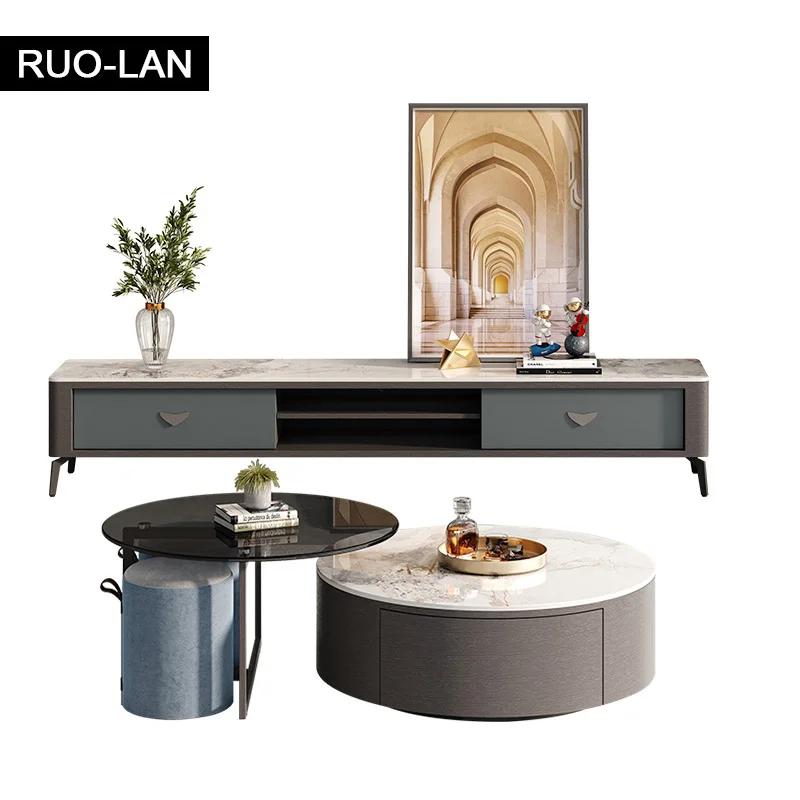 

Light Luxury Simple Slate Tabletop TV Cabinet and Glass Round Coffee Table Combination with Storage Space for Living Room