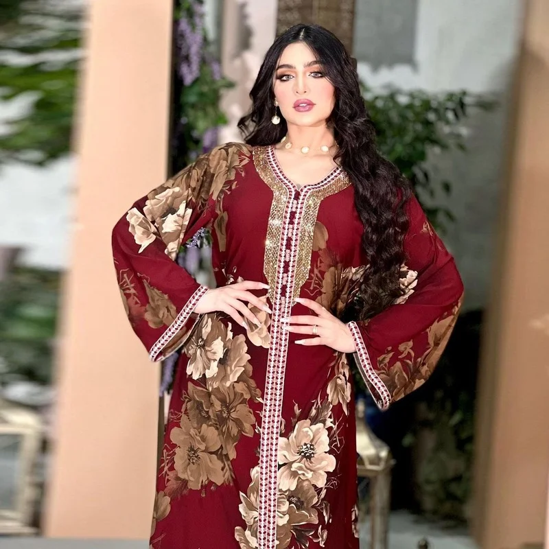 2023 Muslim Abaya Femme Print Rhinestone Fuchsia Abayas for Women Dubai Women's Dress Evening Dress for Middle East Arabia