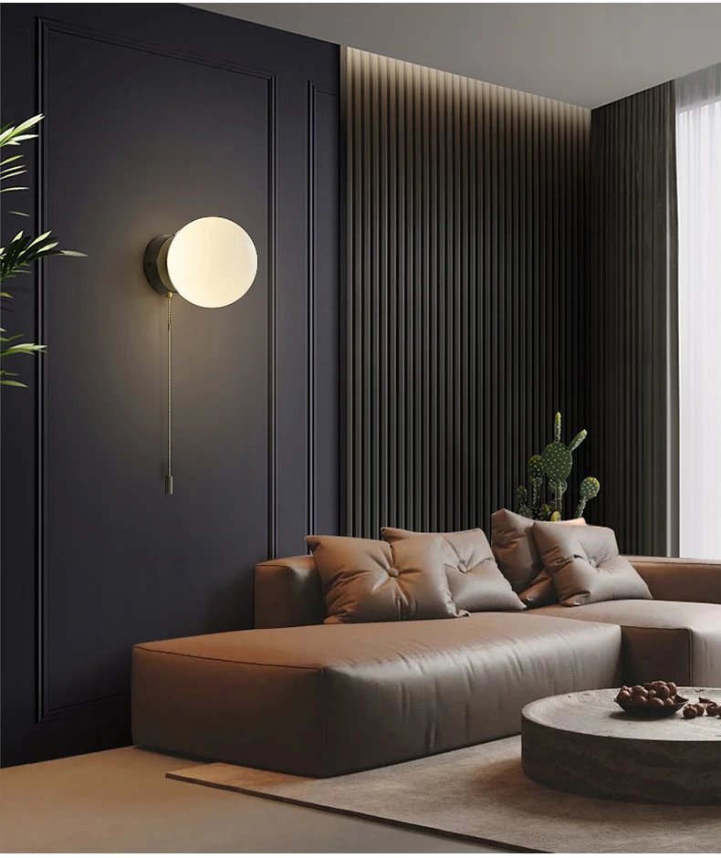 Description Picture 2 of itemMilky White Glass Ball Wall Lamp Led Bedside Lights with Switch Living Room Dining Room Aisle Sconce Indoor Home Decor Lighting