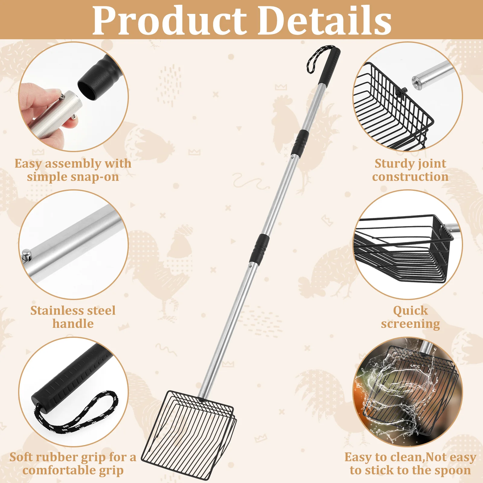 Chicken Pooper Scooper Stainless Steel Cat Litter Shovel with Adjustable Handle Multi-role Cleaning Tool for Pet Poultry Manure