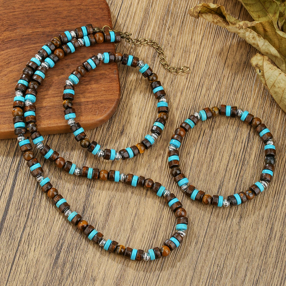 Vintage boho personality men's pine stone set necklace wood bead handmade beaded bracelet accessories 1