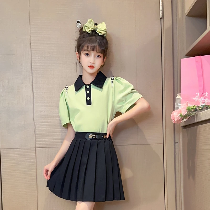 

Girls 2 Piece Sets Outfits Turn-down Collar Short Sleeve Tee Elastic Waist Pleated Skirt Sets Summer for 5-14 Years Clothes