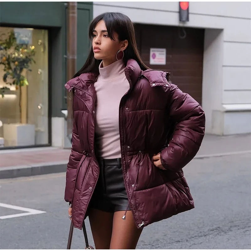 Women Solid Thicken Cotton Outwears Casual Stand Collar Zipper Long Sleeves Lace Up Detachable Hat Coat Winter Lady Warm Jackrts