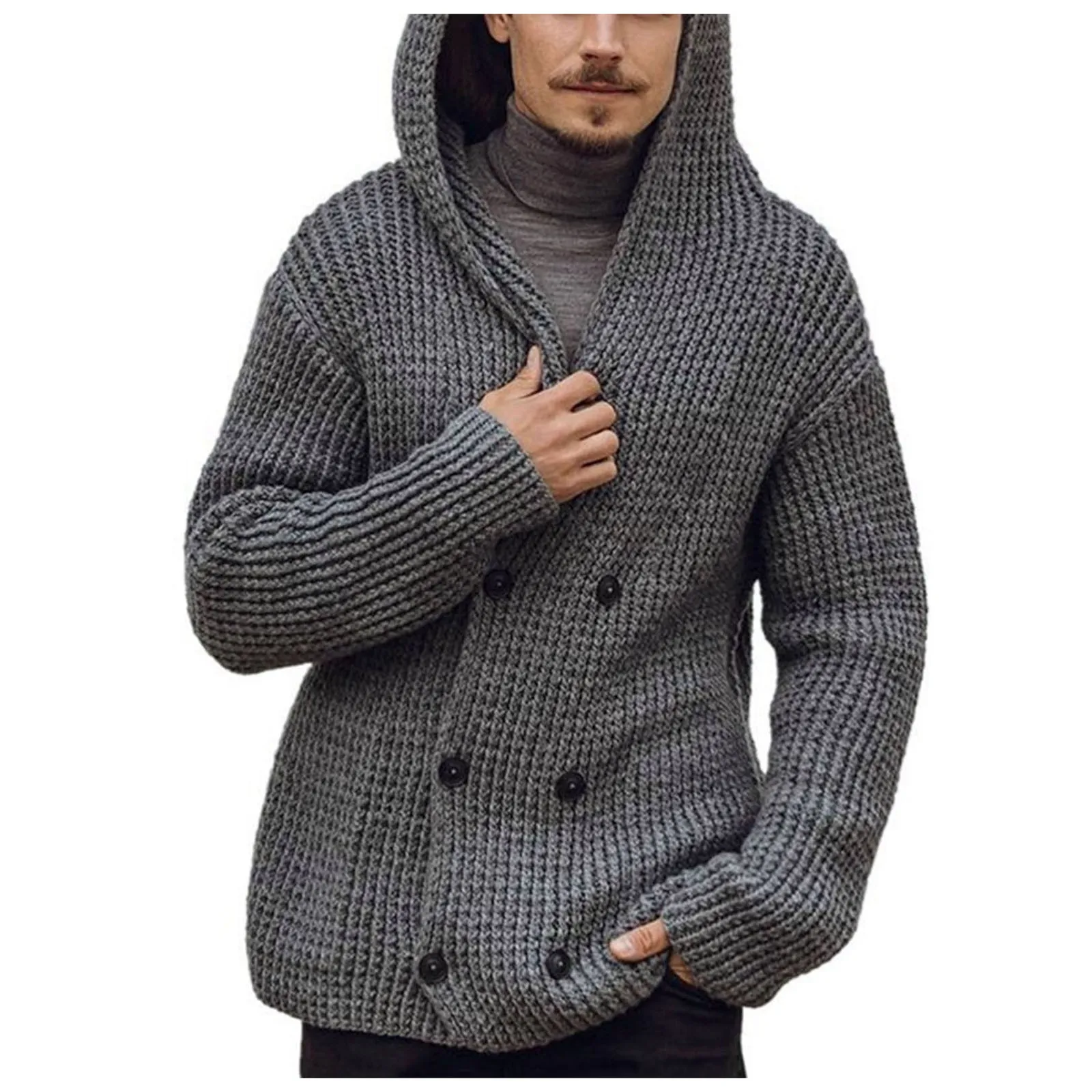 

Solid Color Men'S Cardigan Sweater Lapel Double Breasted Hooded Knitted Jacket Autumn Winter Solid Color Long Sleeve Knitwear