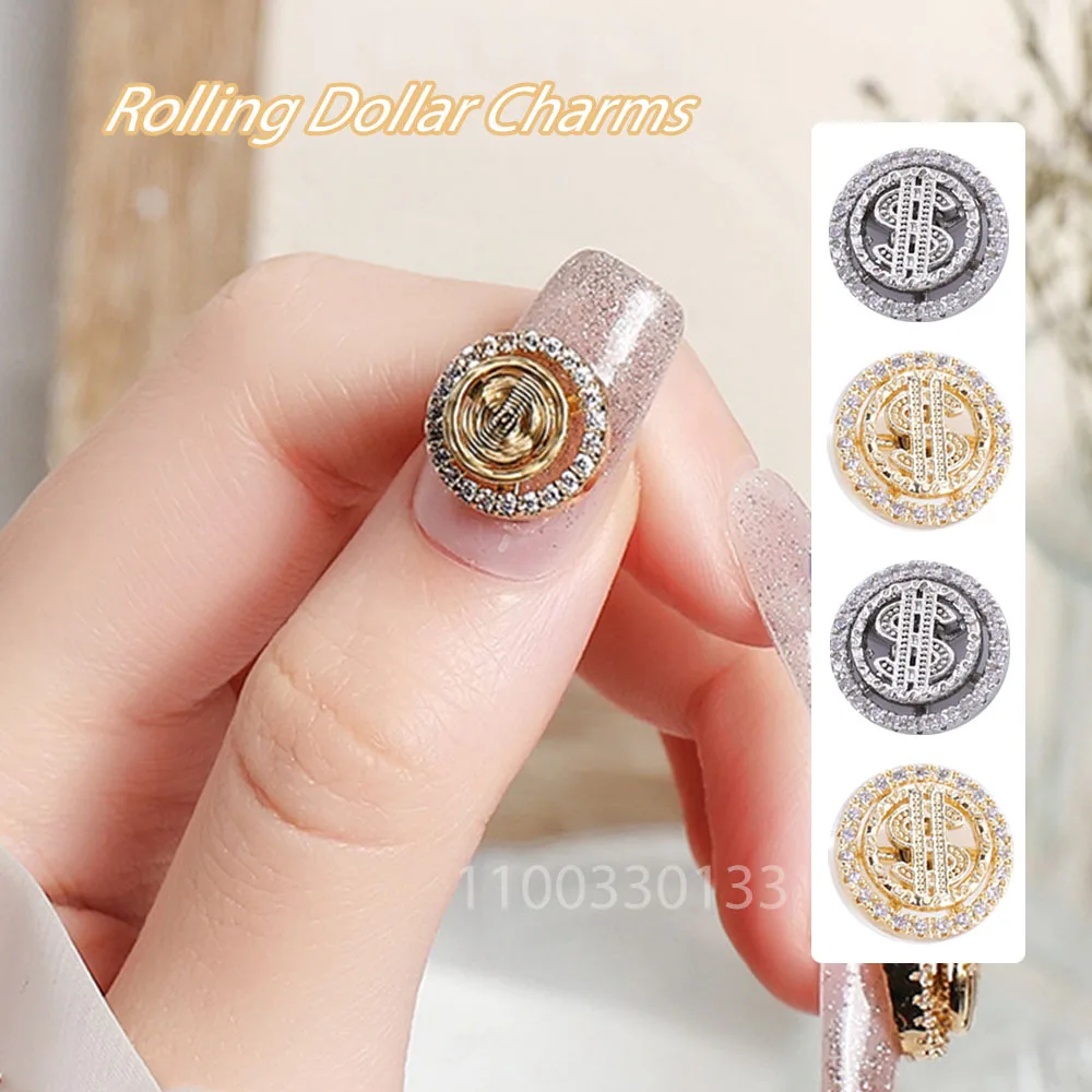 

Rolling $: Spinning Coin Zircon Jewelry Nail Chic Adorn Ornament Hip Pop Flexin Dollar Rotary Diamond Decoration Nail Roll Charm