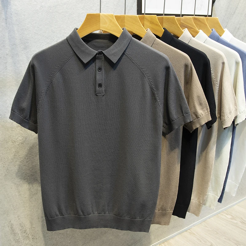 

Summer Men Fashion Knit Polo Shirts Short Sleeve Turn-down Collar Button Casual Polos Mens Clothing Male Tops Streetwear A91