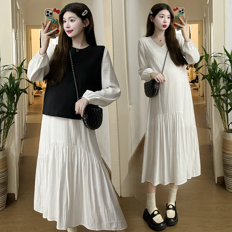 Korean Style Maternity Clothes Set for Autumn Long Sleeve Loose Dress+black Vest Twinset Fashion Pregnant Woman Dresses Suits