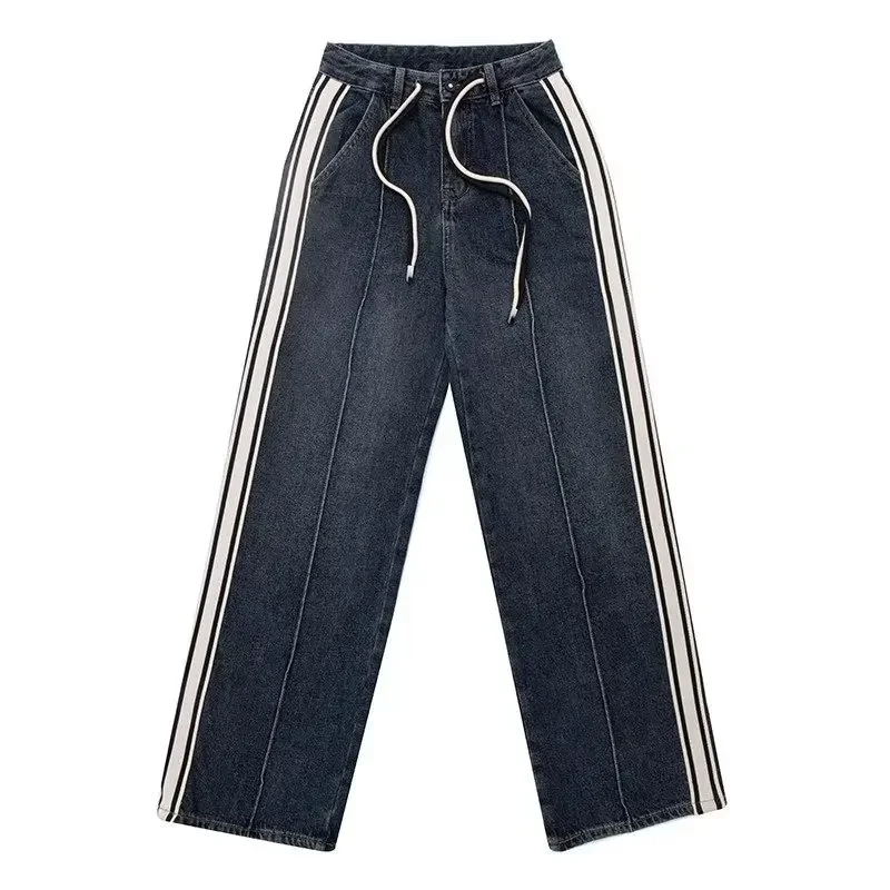 Vintage Straight Drawstring Jeans for Women Loose Straight Pants Dark Wash Striped Wide Leg Trousers Y2K Spring and Summer