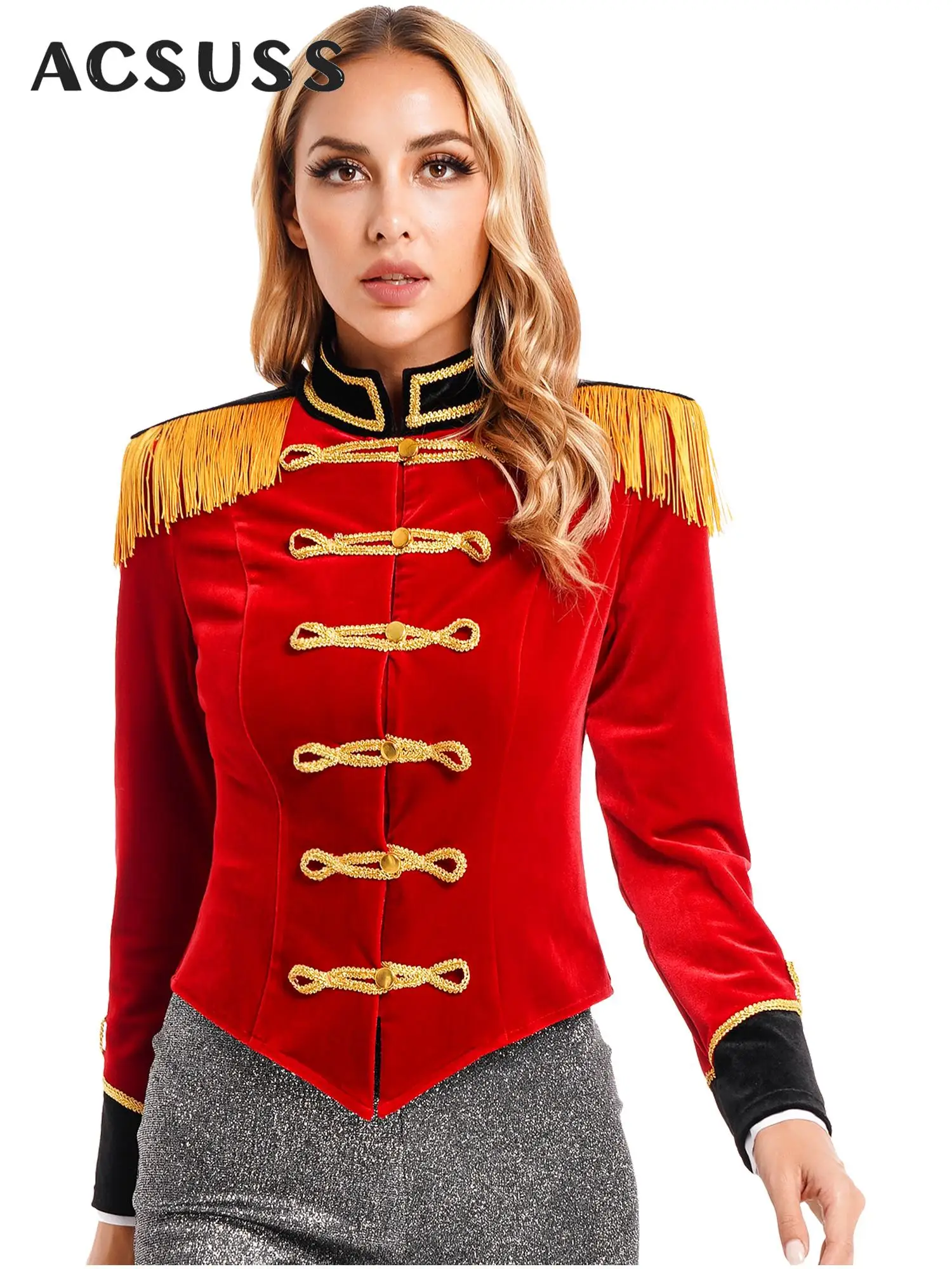 Circus Ringmaster Cosplay Party Costume Donna Lion Tamer Jacket Manica Lunga Nappe Frange Velluto Vittoriano Honor Guard Tailcoat