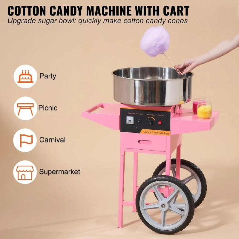 Electric Cotton Candy Machine Cart, 1000W Commercial Floss Maker W/Stainless Steel Bowl, Sugar Scoop and Drawer Perfect for Home