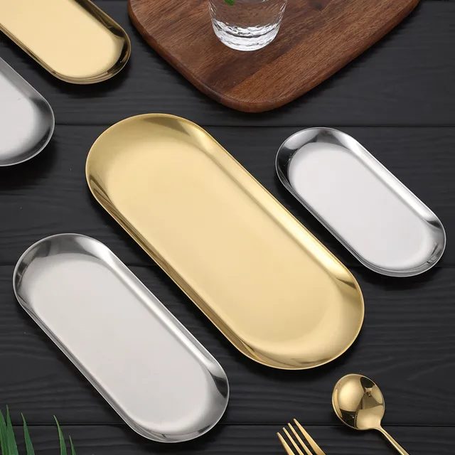 Nordic Style Gold Silver Stainless Steel Dessert Dining Plate Nut Cake Fruit Plate Towel Tray Snack Western Steak Kitchen Plate 3