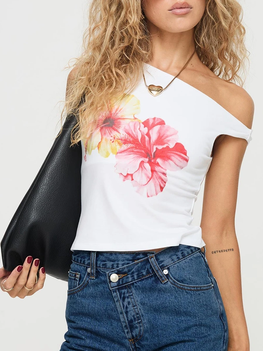 

Women Flower Print T-Shirts Summer Sleeveless Oblique Neck Slim Fit Tank Tops Female Chic Vintage Aesthetic Crop Tops Clubwear