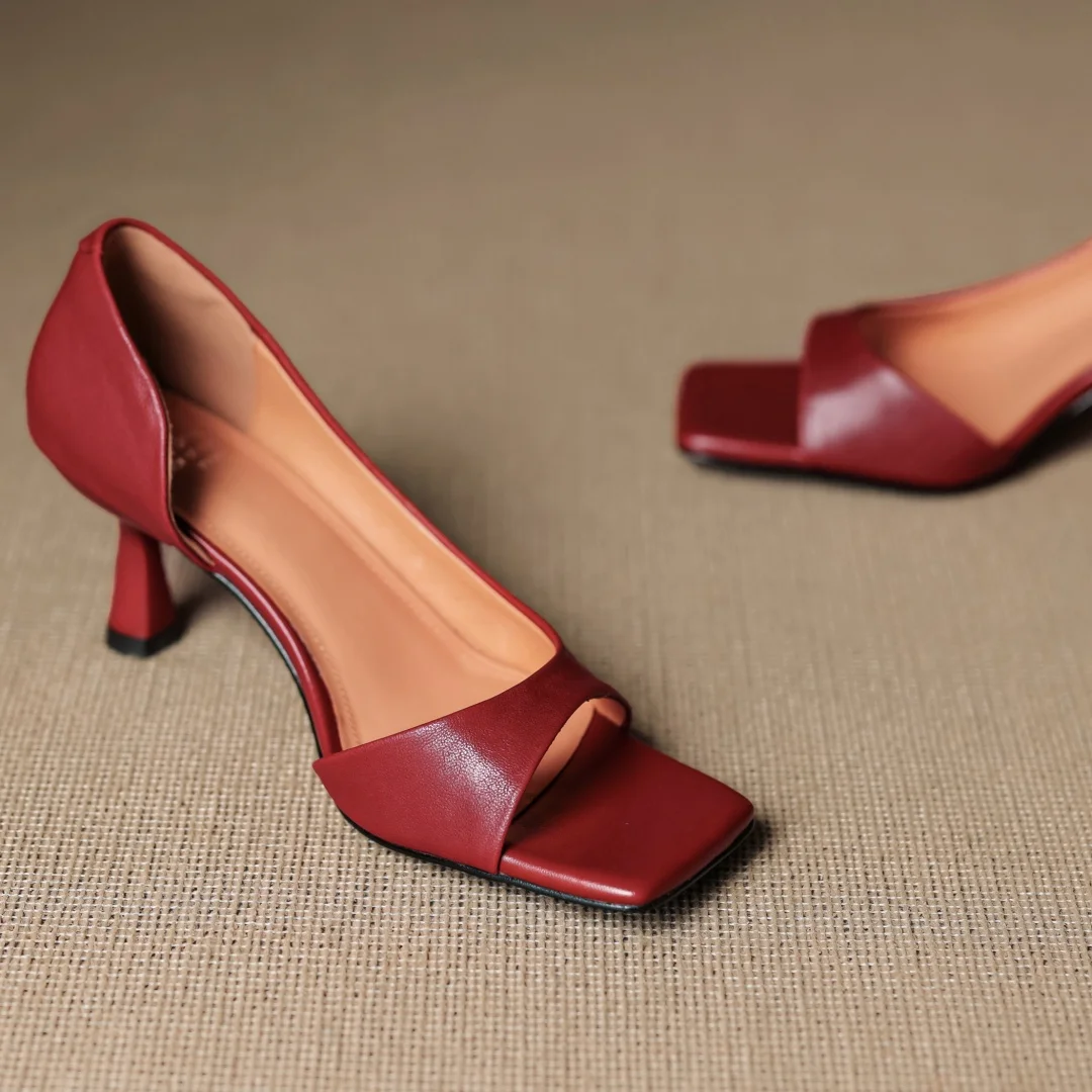 Women's cow leather open toe slip-on pumps elegant ladies 6cm thin high heel summer slim dress heeled sandals shoes for woman 33
