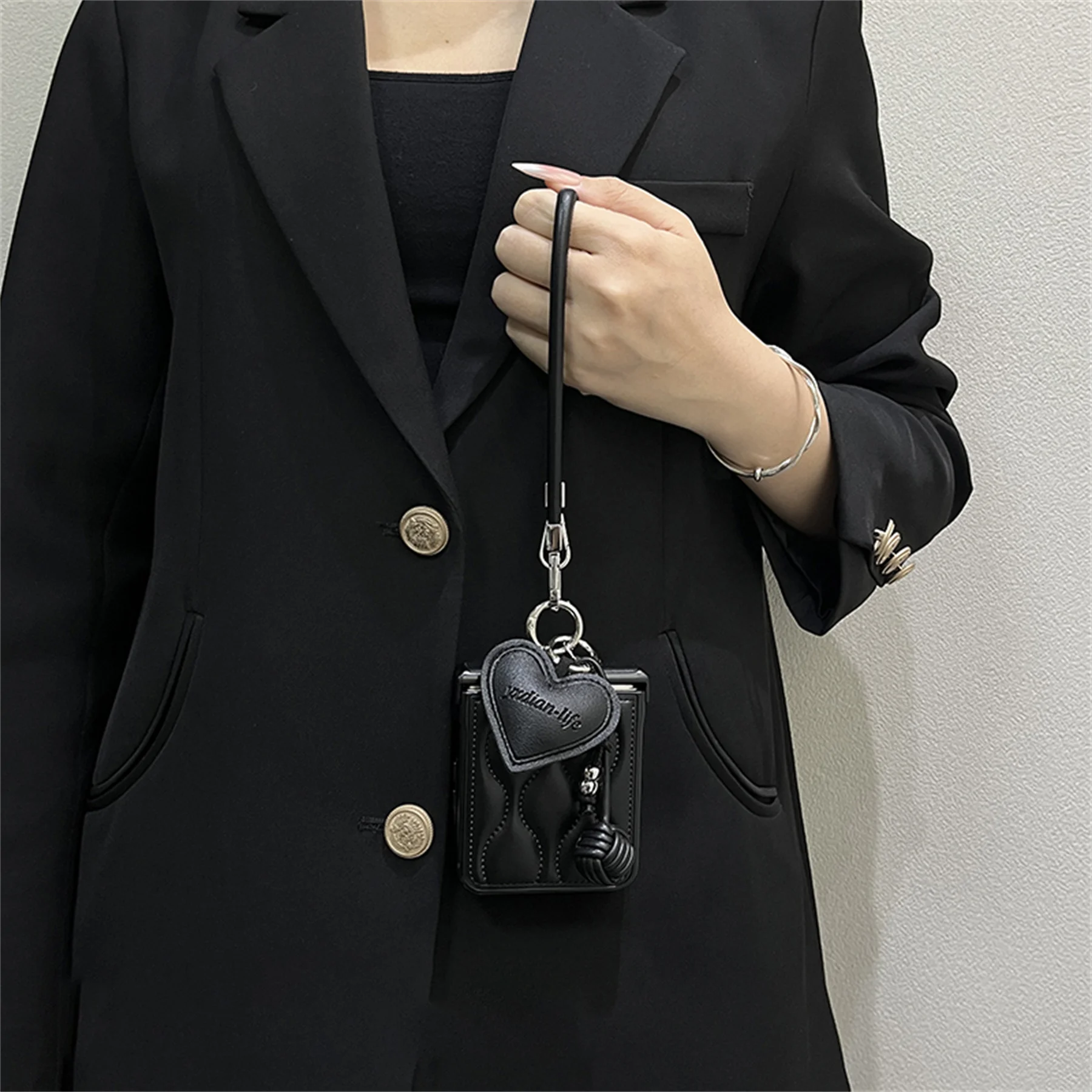 Luxury Wave Black Phone Case with Love Pendant Leather Strap