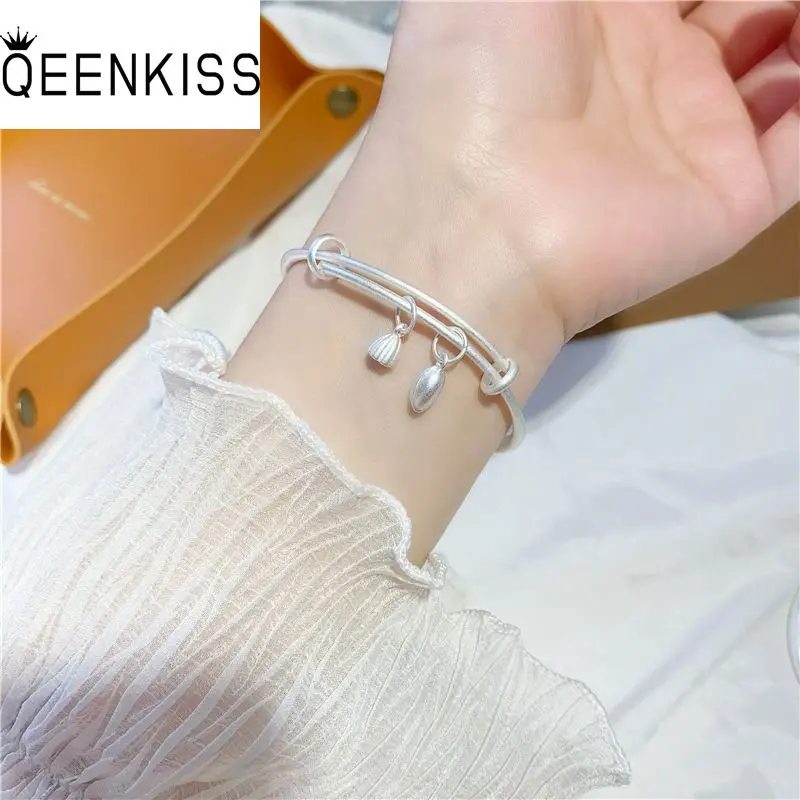 

QUEENKISS BT6171 Fine Jewelry Wholesale Fashion WomanGirl BestieMother Birthday Wedding Gift Lotus Plain Silver Bracelet Bangle