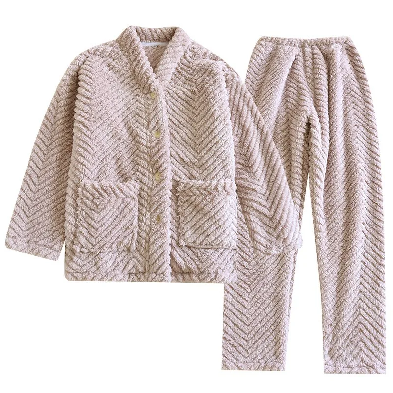 New V-Neck Flannel Pajamas Women Winter Thick Home Sleepwear Cardigan Pocket Loose Ladies Nightgown Warm Coral Fleece Pyjamas