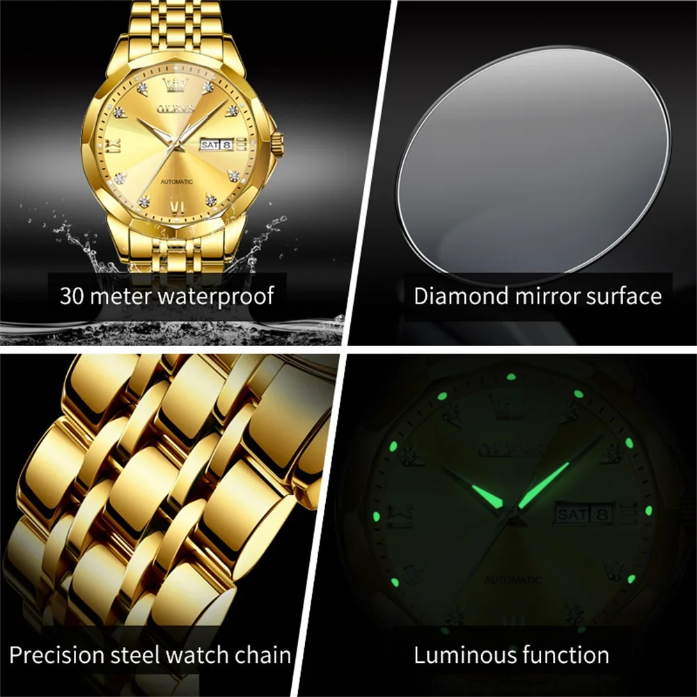 OLEVS 9982 Men Automatic Watch Classic Top Brand Mechanical Watch For Men Rhombus Mirror Dual Calendar Luxury Male Wristwatch