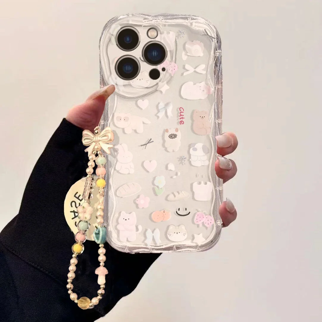 Charming Cat Bow Wrist Chain Clear Soft Phone Case