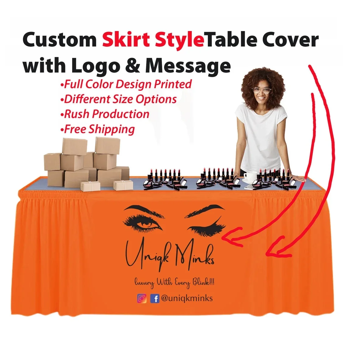 

Personalized Table Cloth Skirt for Trade and Craft Show, Wedding, Banquet, Vendor with Logo or Brand Name Printed in Full Color