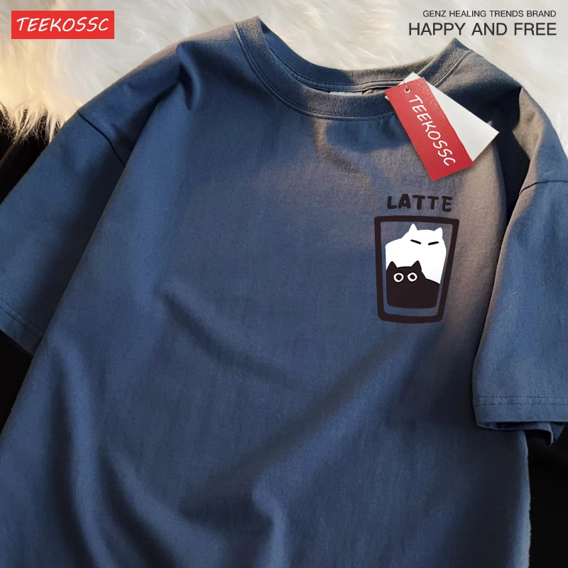 Mocha Latte Couple Outfit Cat Coffee Couple Male T-Shirts Graphic Cool Tee Shirt High-Quality Oversized Tshirt Comfort Soft