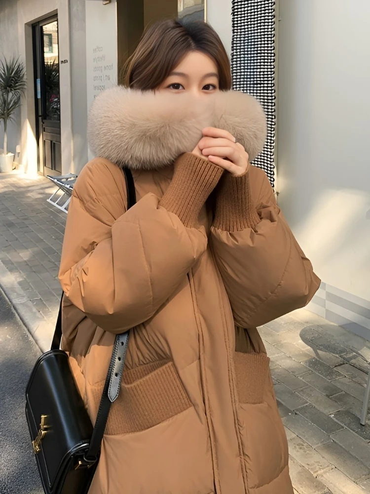 90% Long-Style Down Jacket Women Fall Winter 2023 New Long Sleeve Thicken Warm Loose Puff Jackets Chic with A Hood Coats